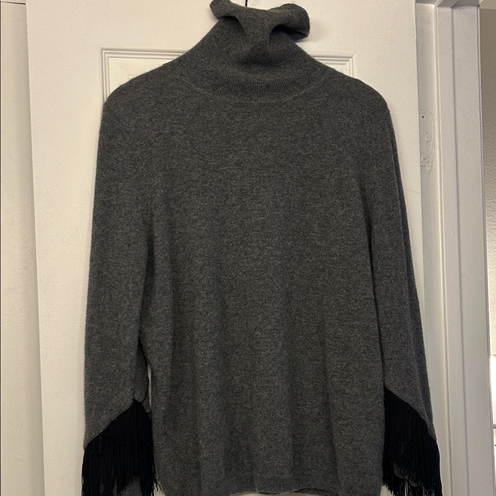 Neiman Marcus Charcoal Turtleneck Sweater with Black Fringe